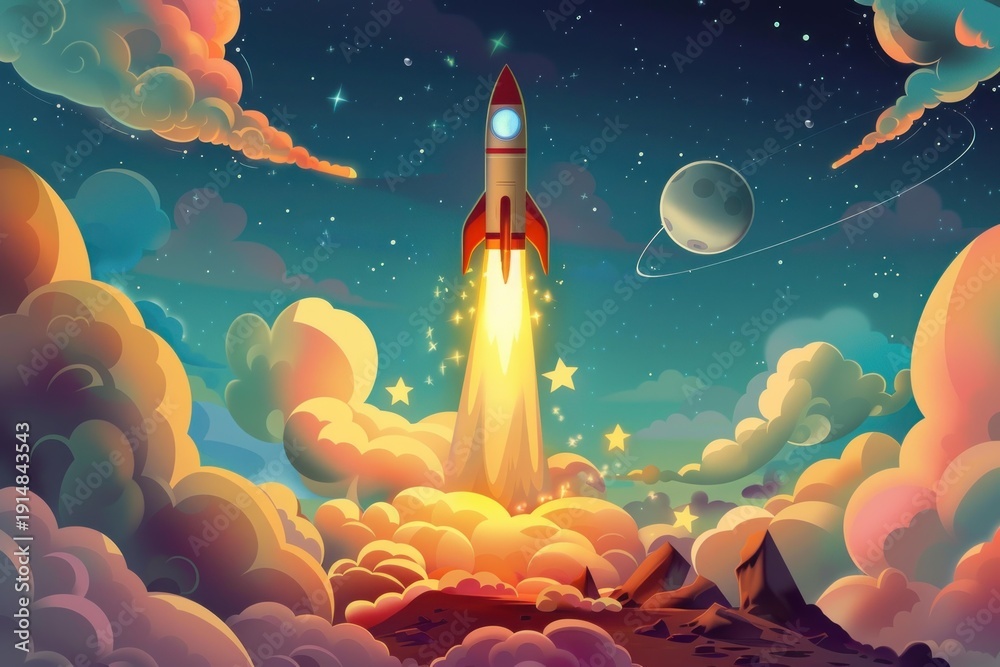 Naklejka premium Cartoon spaceship takes off from rocky planet to starry sky, planets and clouds