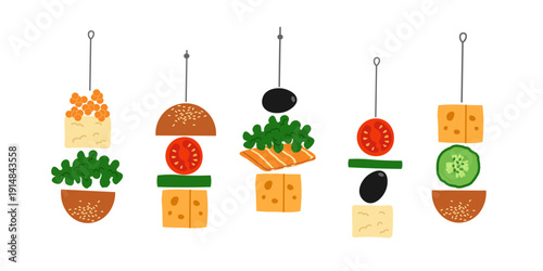 Canapes and appetizers. Buffet food in cartoon style. Aperitif small sandwiches on skewers. Vector illustrations on isolated background. Design elements for menu, culinary blog, card, label, logo