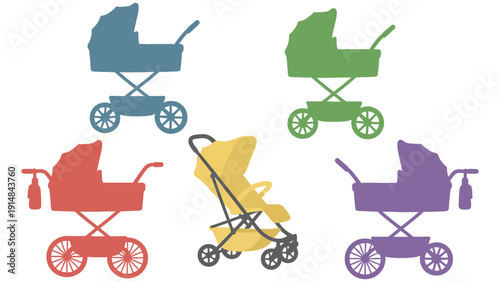 Stroller vector icons in different colors and styles for baby care