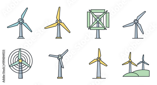 Illustration of various wind turbine designs showcasing sustainable energy sources worldwide