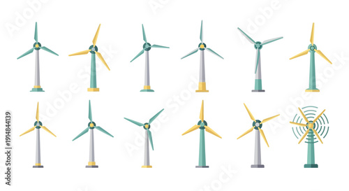 Illustration of various wind turbines, renewable energy sources, and sustainable power generation