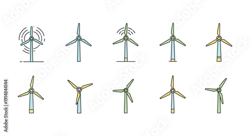 Illustration of Wind Turbines in Various Perspectives Against a White Background