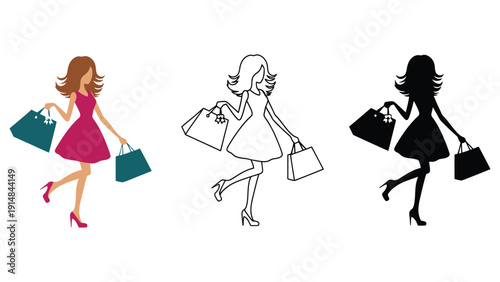 Stylish woman happily shopping with colorful bags, captured in three artistic styles