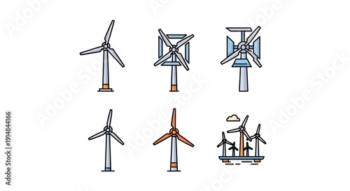 Illustration of Wind Turbines in Various Designs Representing Renewable Energy Sources