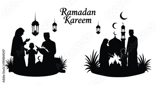 A beautiful ramadan kareem illustration featuring families and a crescent moon on transparent background in silhouette high quality professional detailed modern