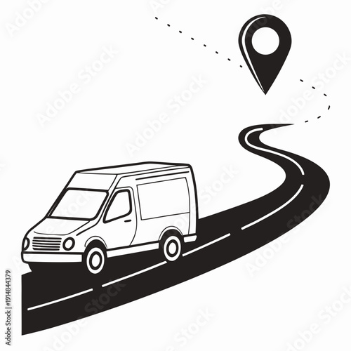 Last Mile Delivery Van with Location Pin – Black Silhouette Logistics Icon