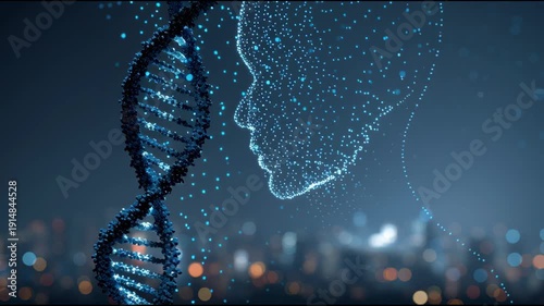 Dna double helix digital face artificial intelligence future technology biotechnology genetic data medical research innovation science blue particle silhouette human genetics digital health city
