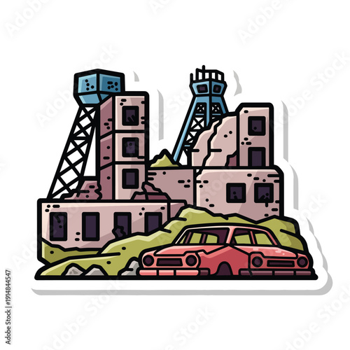 Abandoned industrial site with old mining equipment and a vintage car illustration in a cartoon style