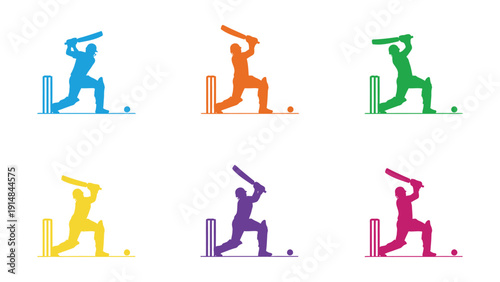 Vibrant silhouettes of cricketers in action, showcasing diverse team colors and dynamic poses.