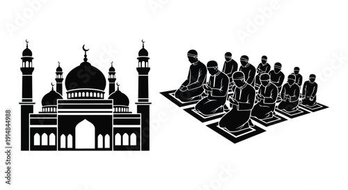 A striking black silhouette of a mosque and praying people displayed side by side on transparent background high quality professional detailed modern elegant