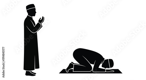A black silhouette of two muslim men praying one standing and one prostrating on transparent background high quality professional detailed modern