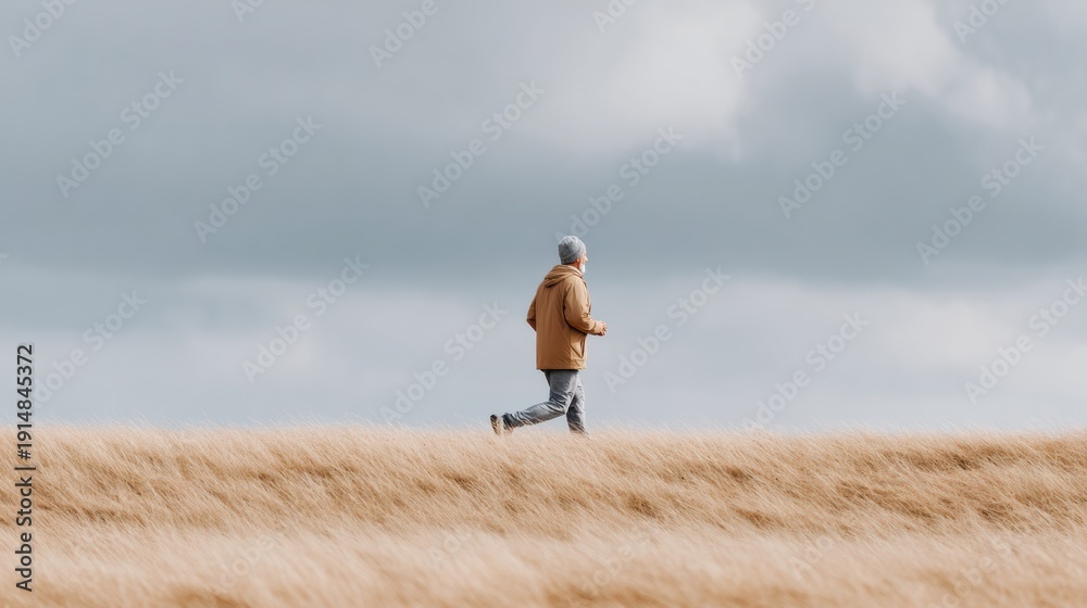 Obraz premium Happy mature man running on hill under cloudy sky