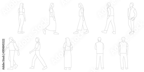 male and female are standing and walking on white background. set of people in different poses and clothes.