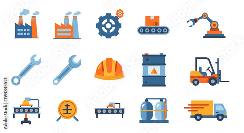 Industrial Icons: Factories, Gears, Conveyor Belts, and Logistics in a Flat Vector Design