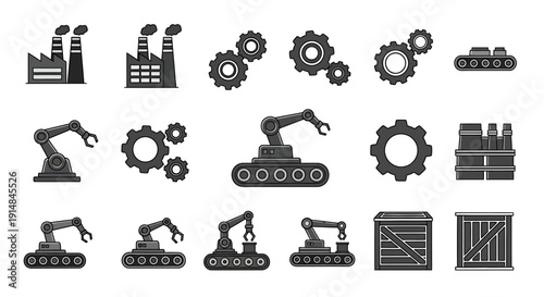 Industrial Icons: Factories, Gears, Robotic Arms, and Crates Depicting Modern Automation