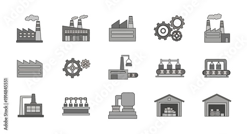 Industrial Icons: Illustrations of Factories, Warehouses, and Production Elements in Graphic Style