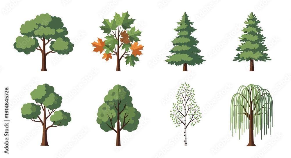 Fototapeta premium Diverse collection of stylized trees, various species and shapes, isolated on white background.