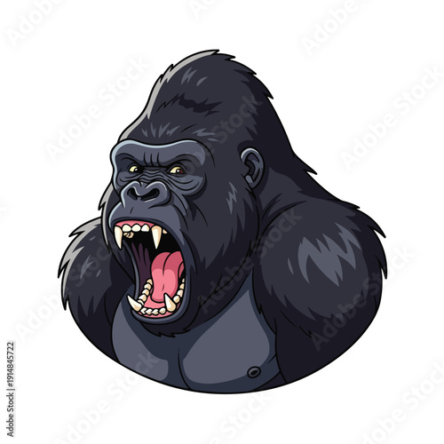 A menacing cartoon gorilla head illustration with an open mouth and sharp teeth, viewed from the front, showcasing aggressive primate behavior in a graphic design