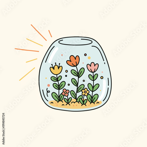 Transparent glass terrarium vector with blooming wildflowers and plants for sustainable gardening and biotech laboratory concept