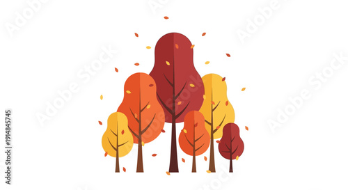 Autumn forest with colorful trees and falling leaves, flat design