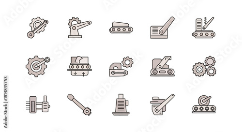 Industrial machinery icons representing manufacturing and technological processes in vector style
