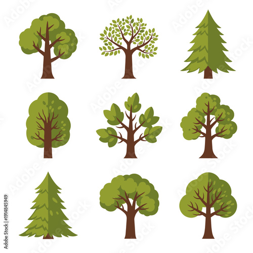 Collection of nine diverse green trees, deciduous and coniferous, isolated on white background