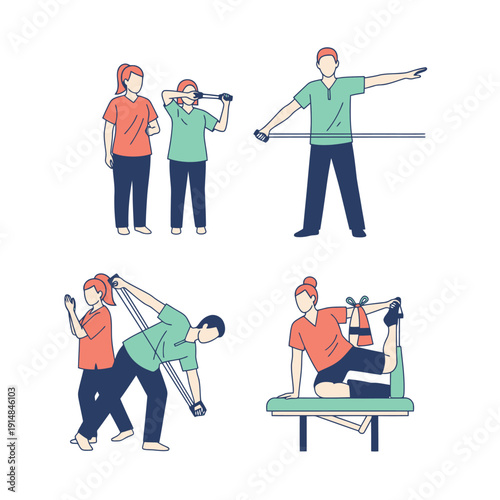 People performing physical therapy and rehabilitation exercises with resistance bands