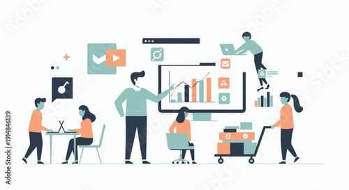 Team of workers analyzing data charts in collaborative office