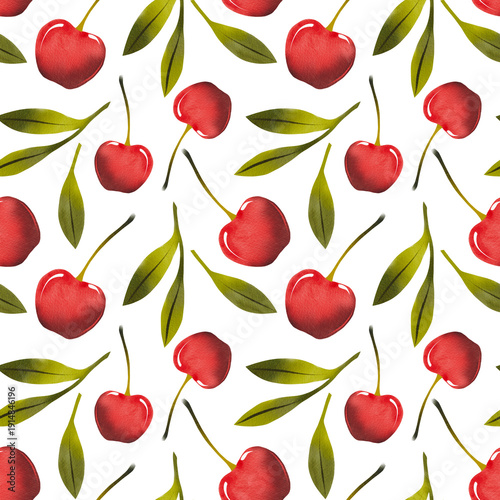 Seamless pattern with vibrant cherries. Simple watercolor illustration of red berries in a childish stylized style for textile, fabric, and packaging design.