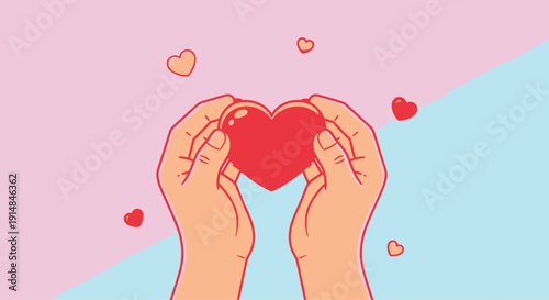 Hands Holding Heart with Floating Hearts in Pink and Blue Background