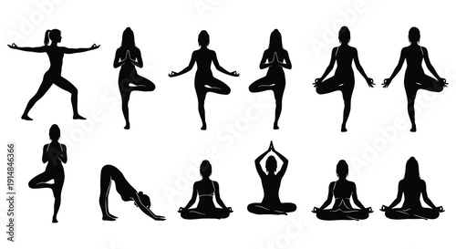 A collection of six black silhouettes depicting various yoga poses ideal for design projects on transparent background silhouette high quality professional