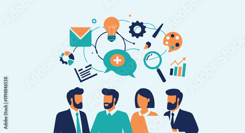 Team of professionals with brainstorming icons above