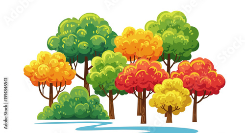 Vibrant Autumn Forest Scene with Colorful Trees and Lush Green Bushes