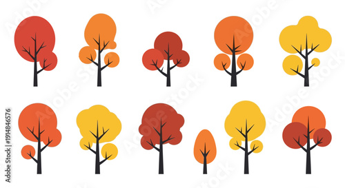 Autumn Trees Collection: Colorful Fall Foliage, Simple Flat Design, Vector Illustration