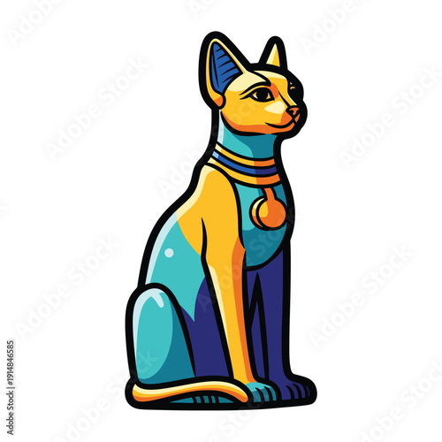 Ancient Egyptian cat illustration sitting majestically with traditional hieroglyphic jewelry and vibrant colors