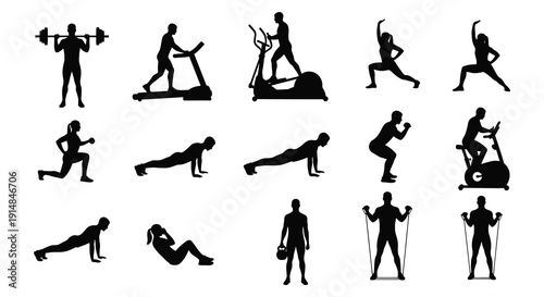 A collection of diverse fitness activities represented in black silhouettes ideal for design projects on transparent background silhouette high quality professional