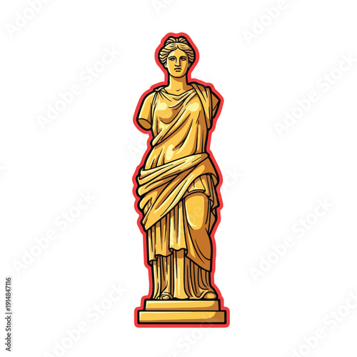 Golden statue of a classical figure standing on a pedestal viewed from the front in a cultural setting
