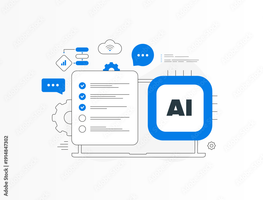 Fototapeta premium Artificial intelligence platform dashboard, AI automation workflow with checklist and chatbot interface, cloud based SaaS technology for business productivity, modern flat UI vector illustration