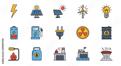 Illustrated Icons Depicting Various Sources and Forms of Energy Production and Utilization
