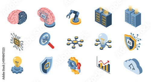 Illustrated Isometric Icons of Artificial Intelligence, Data, and Technological Concepts