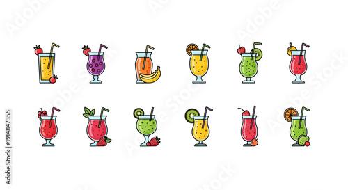 Illustrated lineup of assorted fruity beverages with diverse garnishes and straws, design