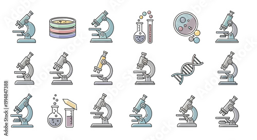 Illustrated scientific equipment icons for research, medical, and laboratory use