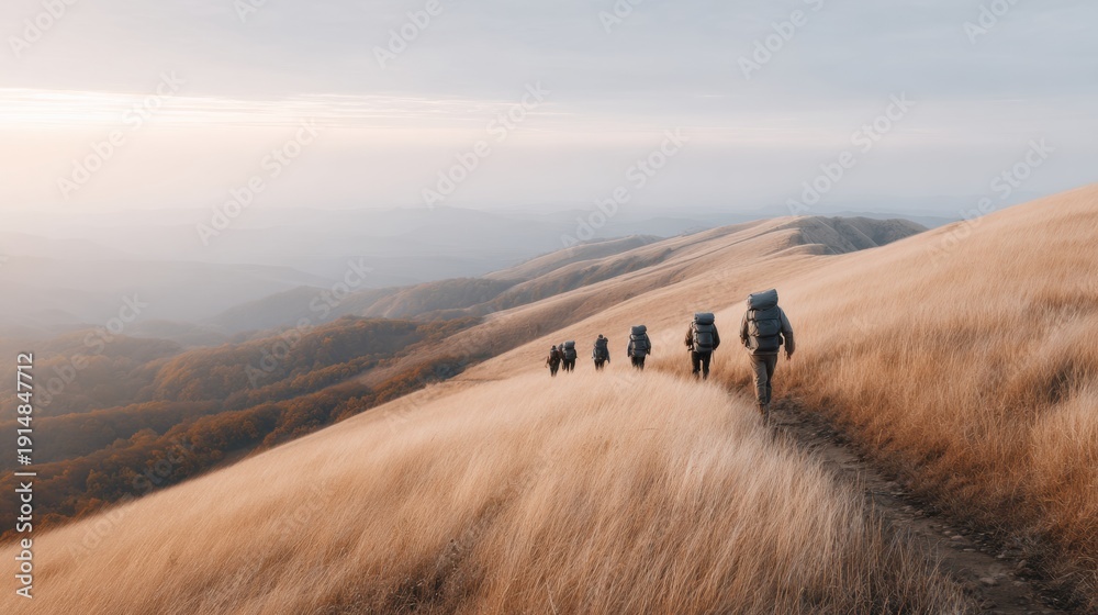 Obraz premium Group of happy hikers trekking in golden hour light