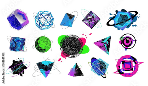 Bold Y2K aesthetic wireframe and bitmap shape vector pack