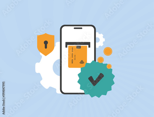 Mobile payment security with contactless bank card and smartphone, digital transaction verification and fraud protection for fintech and e-commerce, modern flat financial interface vector illustration