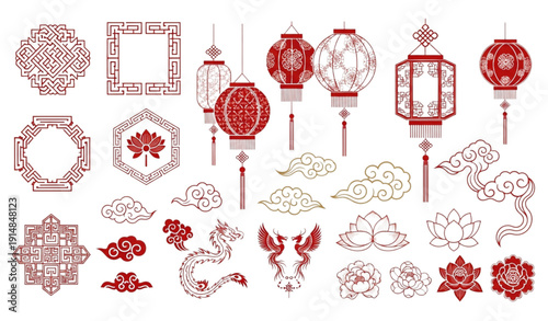 Chinese traditional ornament frame lantern cloud vector set