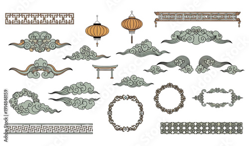 Asian vintage ornamental frame and lantern vector collection