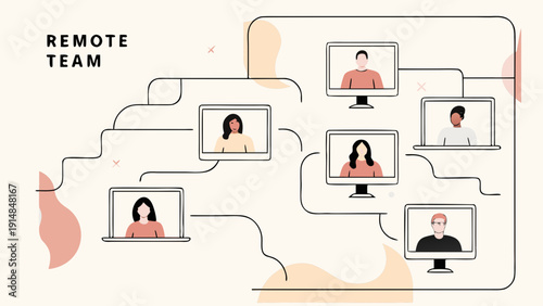 Remote team collaborating online with video calls on computers and laptops in a modern connected workspace
