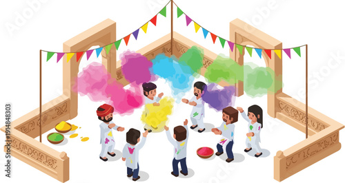 Illustration of children playing with colorful powder in a wooden playground with a festive atmosphere and bunting flags.