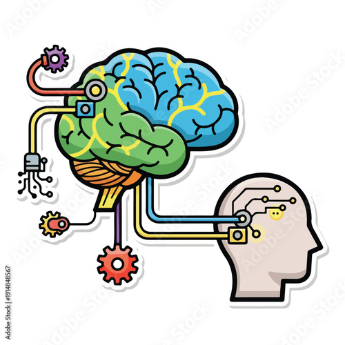 A cartoon illustration of a human brain connected to a head with wires, gears, and tubes, depicting the concept of artificial intelligence and cognitive processing from a side viewpoint.